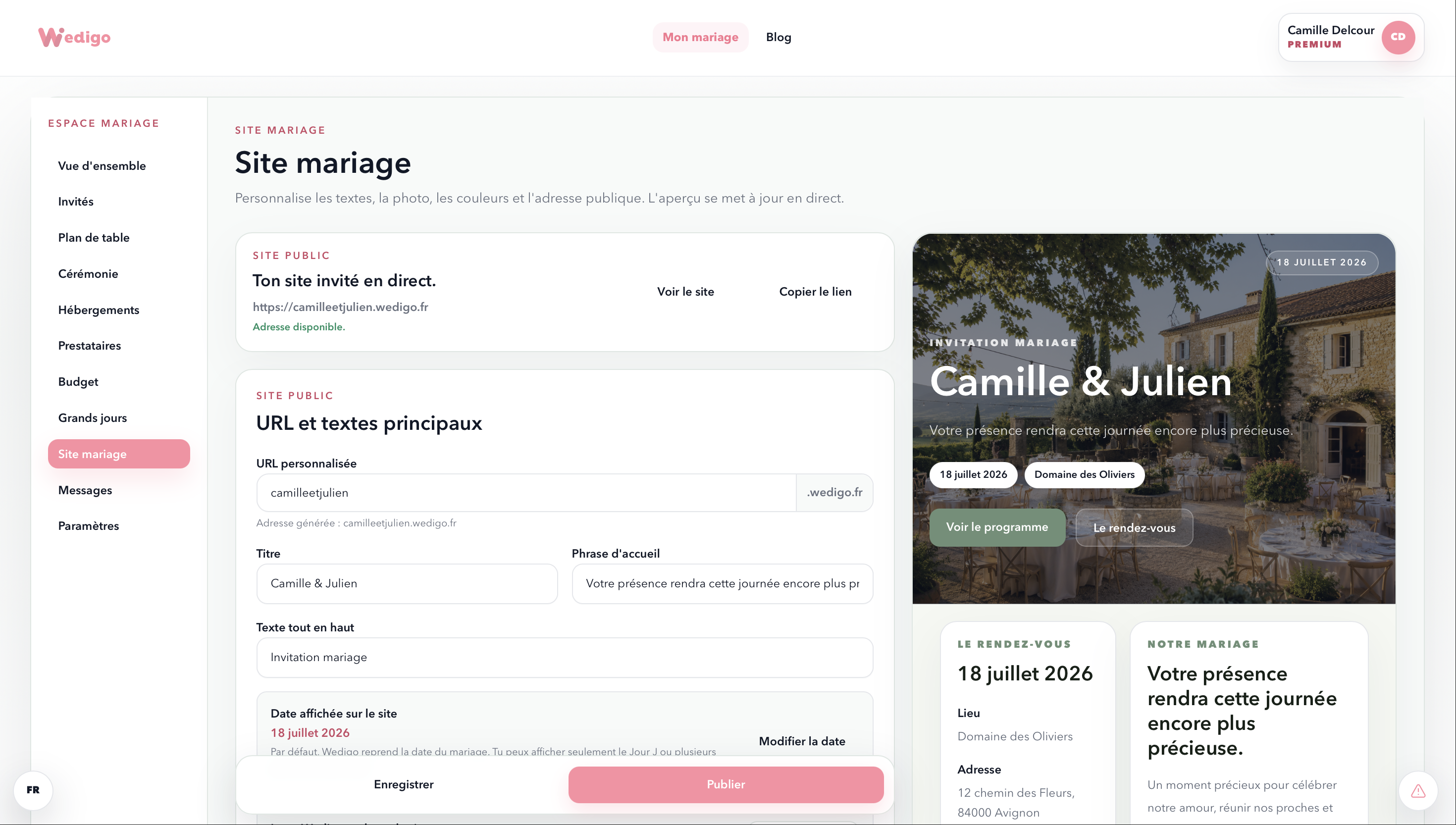 Aperçu du site mariage Wedigo