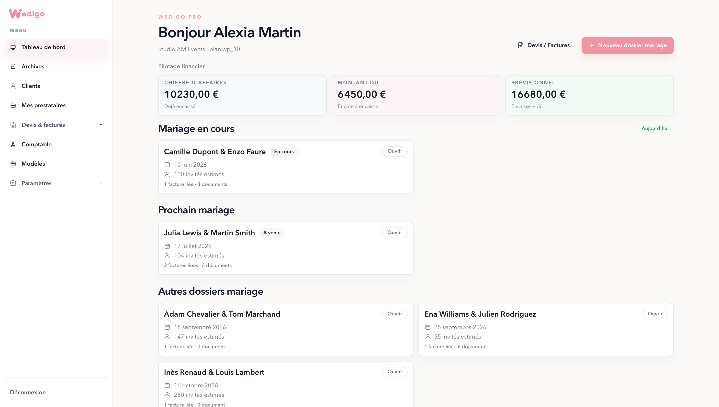 Tableau de bord Wedigo Pro pour wedding planner