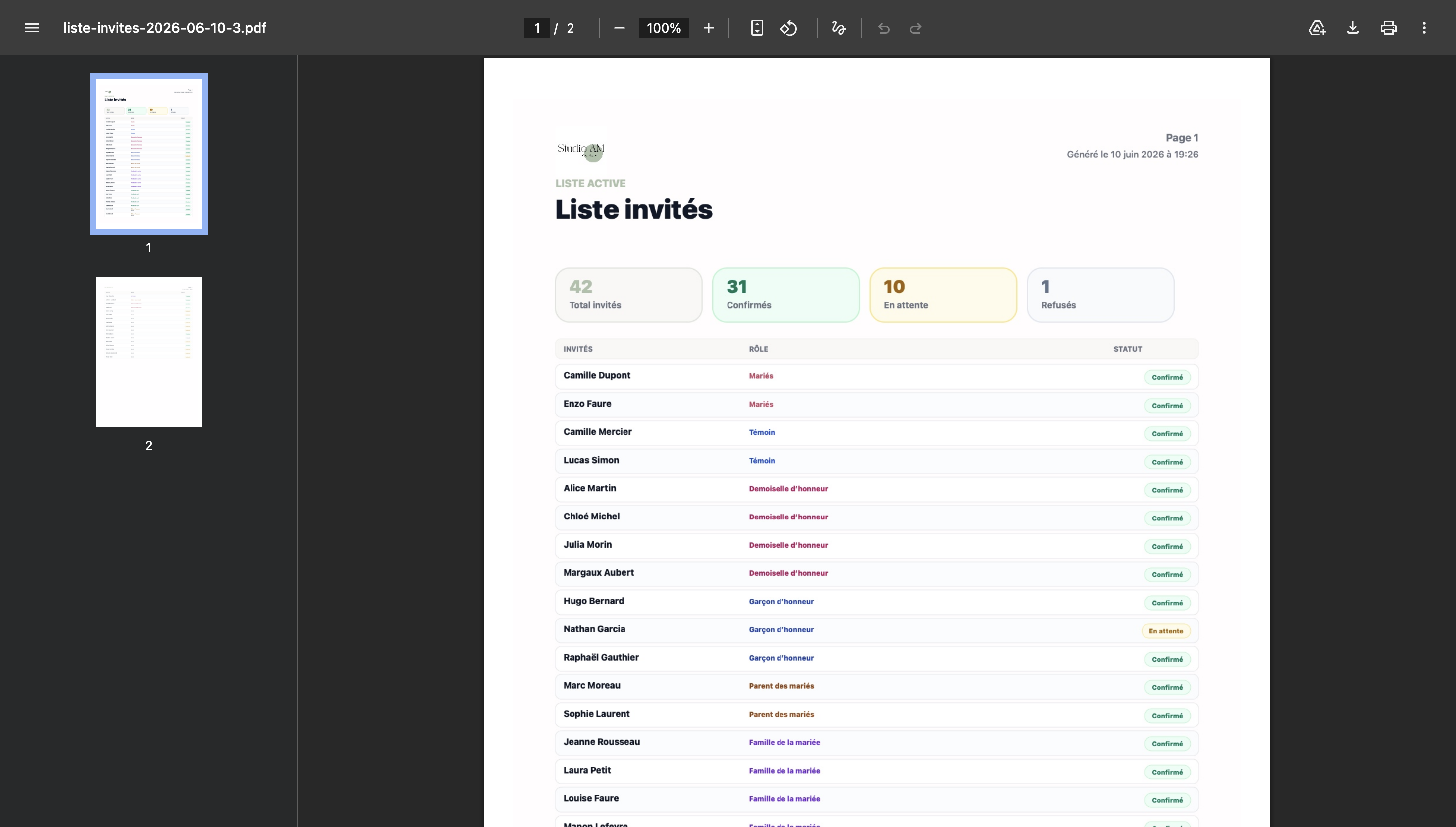 Export PDF de liste invités personnalisé avec logo et couleur de marque