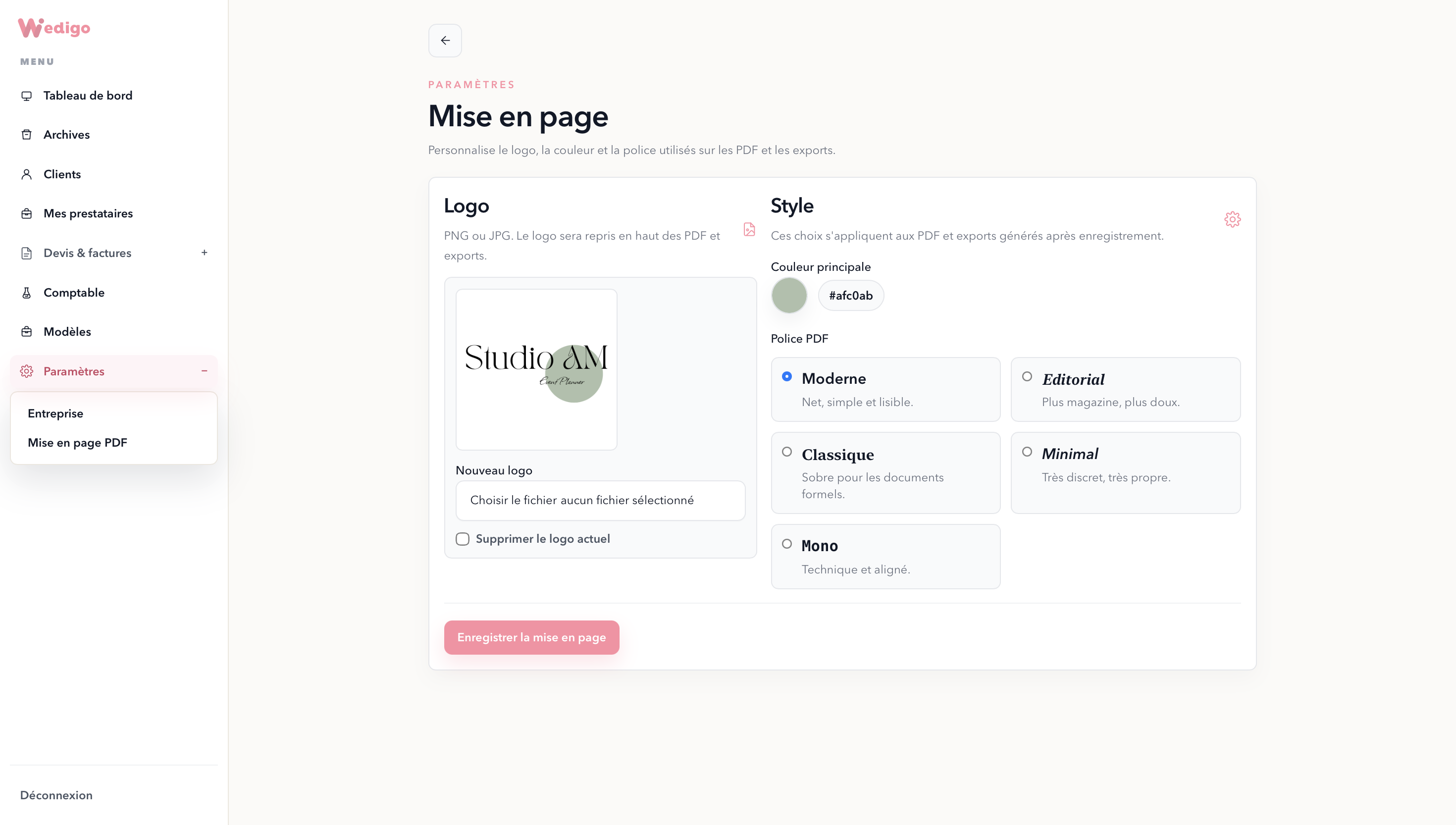 Réglages de mise en page PDF dans Wedigo Pro