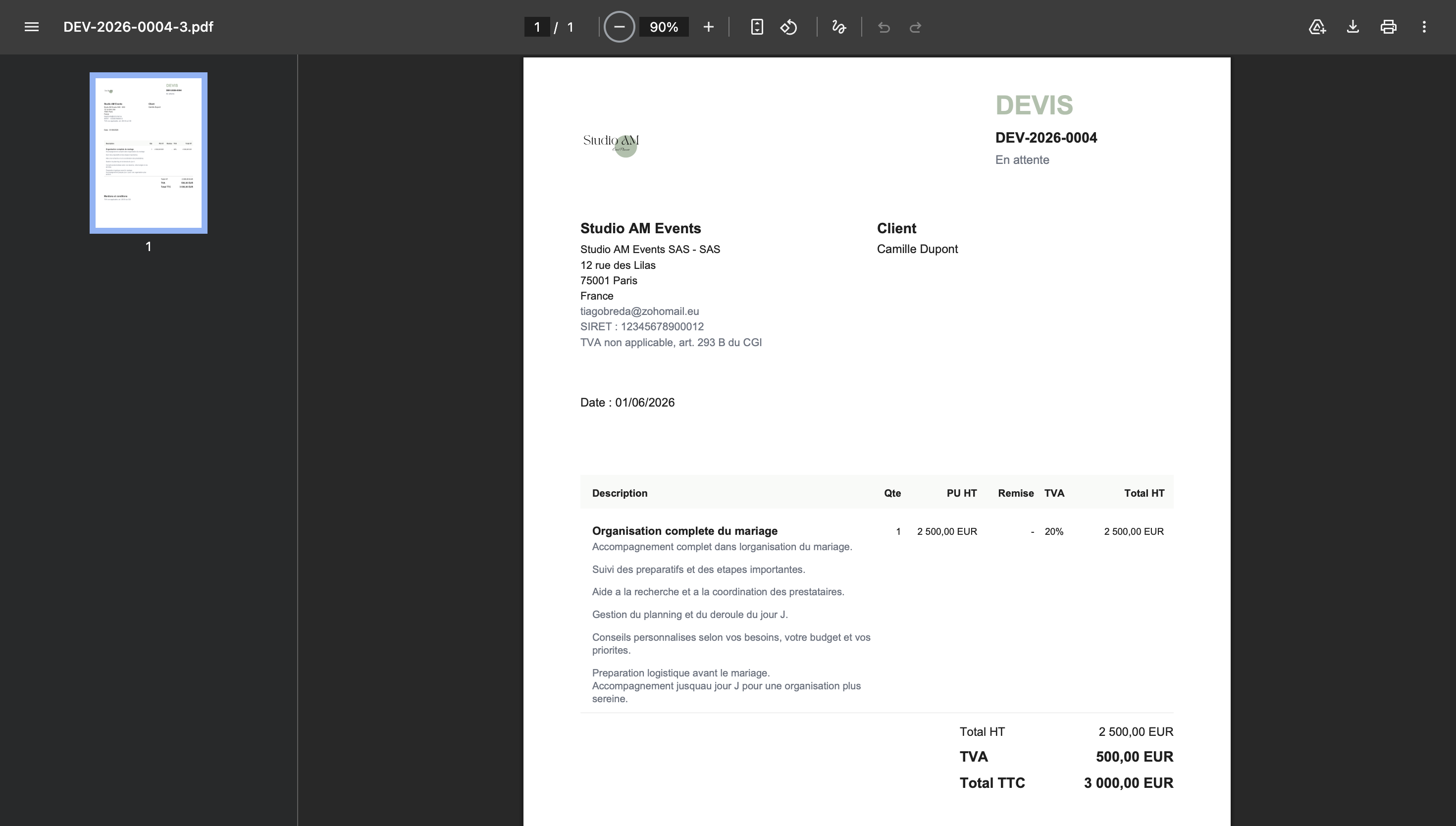 Devis PDF personnalisé avec l'identité visuelle d'une wedding planner